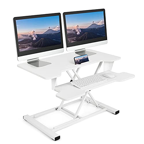 COSTWAY Standing Desk Converter, 32" Height Adjustable Stand up Desk with Removable Keyboard Tray, Sturdy X-Shaped Frame, Convenient Phone Slot, Office Workstation for Dual Monitors (White)