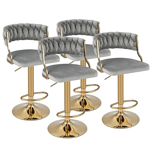 COSTWAY Velvet Adjustable Bar Stools Set of 2, Max Load 400 Lbs, Modern Upholstered Swivel Barstools with Woven Back, Footrests, Adjustable Height Bar Chairs for Kitchen Island Cafe Pub, Grey+Gold