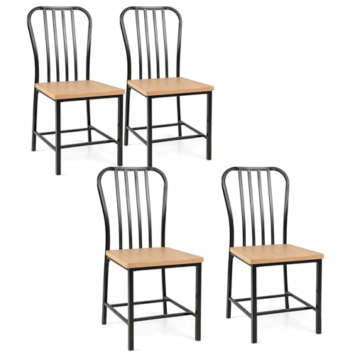 COSTWAY Dining Chair Set of 4, 18.5 inch Seat Height Armless Spindle Back Kitchen Chairs, Navy Farmhouse Chair with Heavy-Duty Metal Frame for Dining Room (Black and Natural, Set of 4)