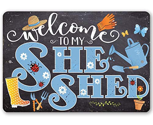 She Shed Sign - Blue - Metal Sign - Unique Home and Garden Accent, Perfect for Yard or Patio Decoration, Great Gift for Women Gardeners, Chalkboard Look 8x12 Indoor/Outdoor Durable Metal Sign