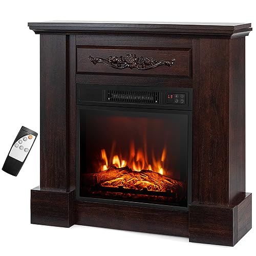 COSTWAY 32-inch Electric Fireplace with Mantel, 1400W Freestanding Fireplace Heater with Remote Control, Thermostat, 6H Timer, Adjustable 3D Flame Effect, Fireplace Mantel for Living Room, Brown