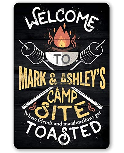 Camping Sign - Personalized - Welcome To Our Campsite - Metal Sign - Use Indoor/Outdoor - Great Funny Camping Signs for Campers, Trailer, RV Decor, and Camping Gifts