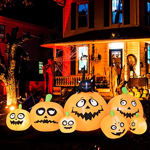 COSTWAY 8FT Long Halloween Inflatable Pumpkins Self Inflating Halloween Pumpkin Patch Lanterns