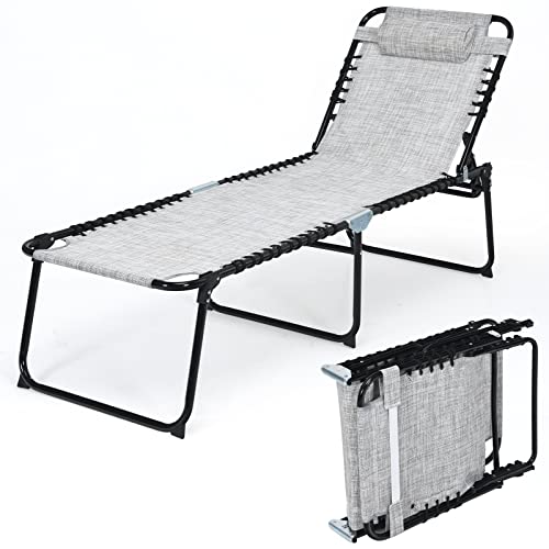 COSTWAY Folding Lounge Chaise 16" High Recline Chair W/Adjustable Backrest and Footrest Grey