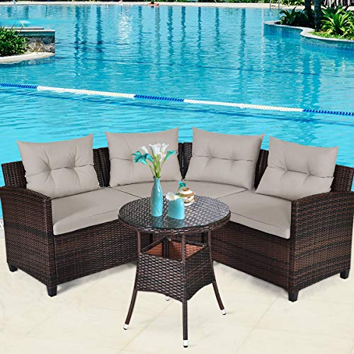 COSTWAY 4PCS Outdoor Patio Rattan Furniture Set Cushioned Sofa Table Sectional Dark Brown