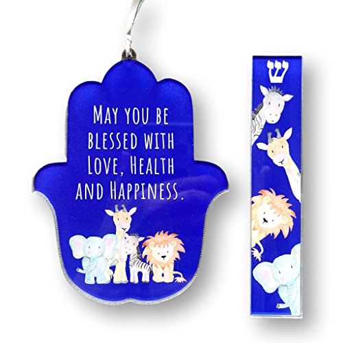 Hamsa and Mezuzah Gift Sets, Jewish Gift for Baby Naming, Bris, Birthday (Zoo Animals Blessing, No Scroll)