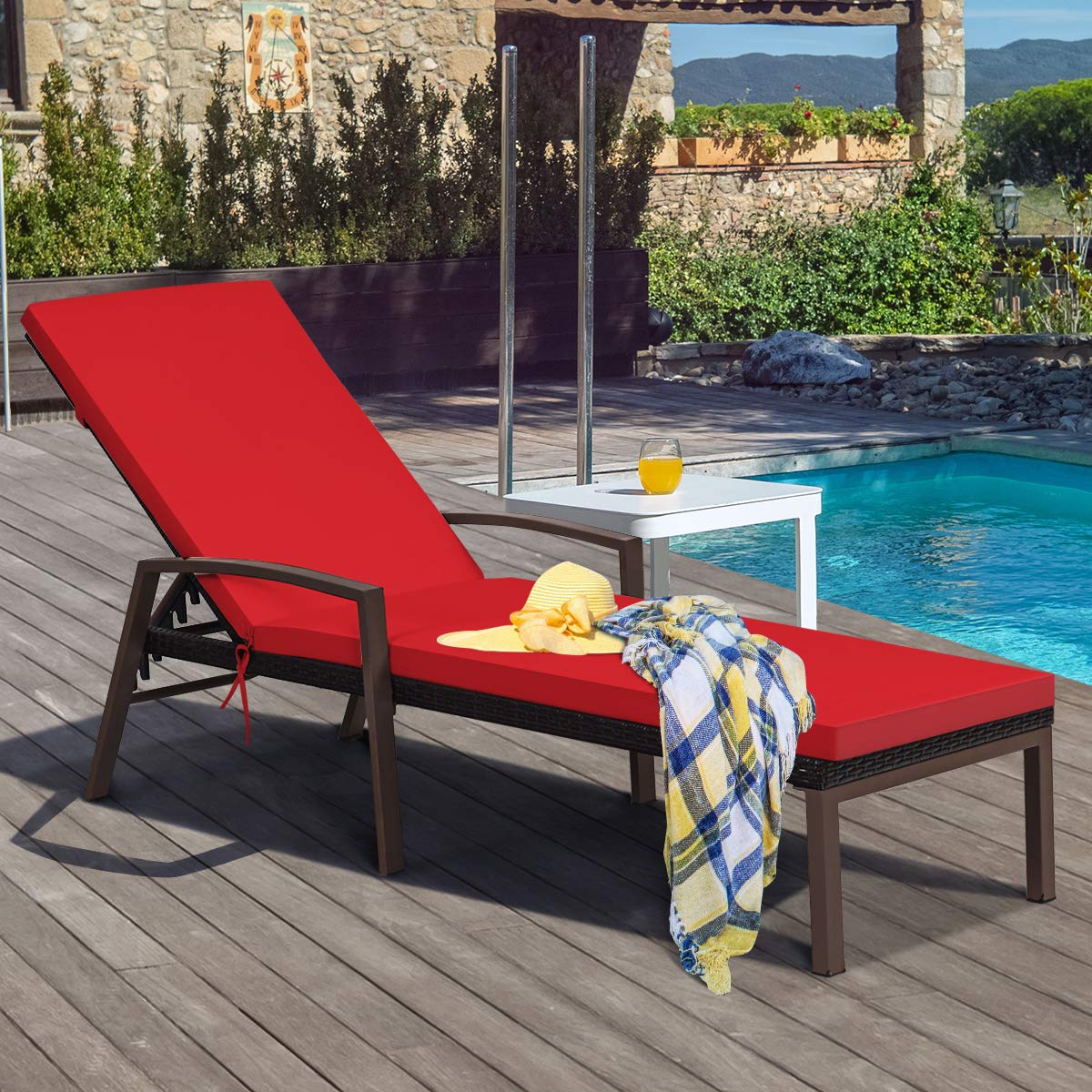 COSTWAY Patio Rattan Lounge Chair Cushioned Chaise Recliner Adjustable Back Garden Backyard Red