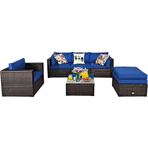 COSTWAY 6PCS Patio Rattan Furniture Set Sectional Cushion Sofa Coffee Table Ottoman Navy