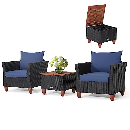 COSTWAY 3PCS Patio Rattan Furniture Set Cushioned Sofa Storage Table Wood Top Navy