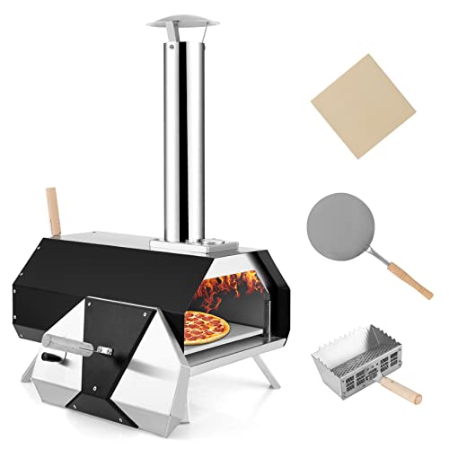 COSTWAY Outdoor Pizza Oven, with 12Ó Pizza Stone, Wood Fired Pizza Maker with Foldable Legs & Built-in Thermometer, Stainless Steel Wood Pellet Pizza Grill for Camping, Backyard, Picnic, Party, Black