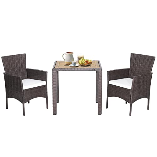 COSTWAY 3PCS Patio Wicker Dining Set Acacia Wood Table Top W/Cushioned Chairs Garden