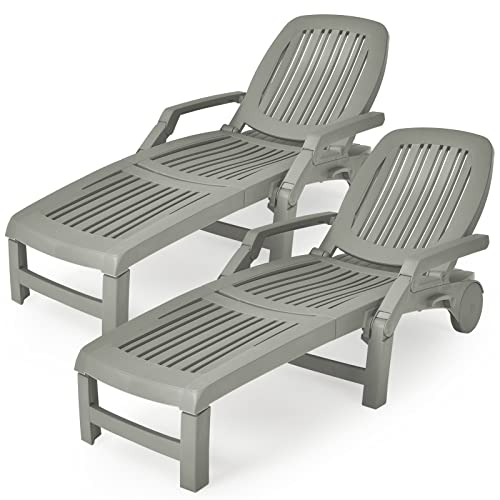 COSTWAY 2 PCS Lounge Chair Chaise Adjustable Recliner Weather Resistant Grey