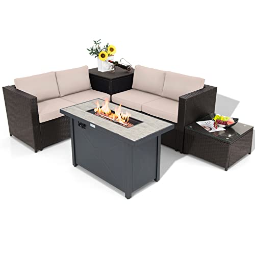 COSTWAY 5PCS Patio Rattan Furniture Set Fire Pit Table W/Cover Storage Cushion Beige