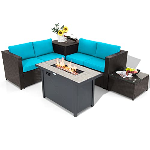 COSTWAY 5PCS Patio Rattan Furniture Set Fire Pit Table W/Cover Storage Cushion Turquoise