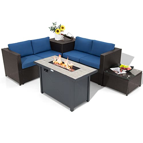 COSTWAY 5PCS Patio Rattan Furniture Set Fire Pit Table W/Cover Storage Cushion Navy