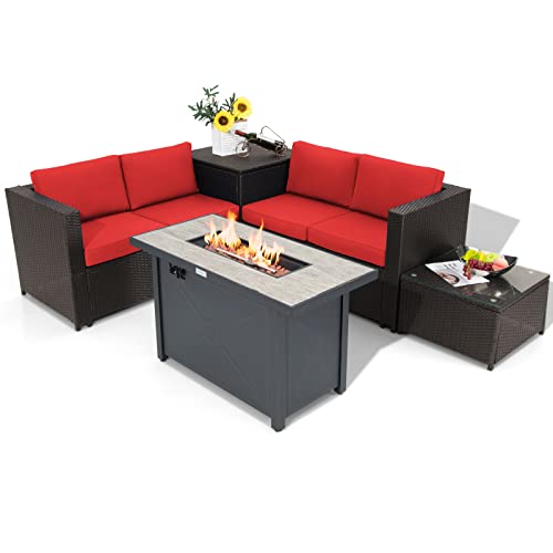 COSTWAY 5PCS Patio Rattan Furniture Set Fire Pit Table W/Cover Storage Cushion Red