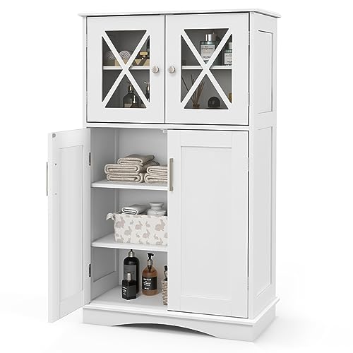 COSTWAY Bathroom Storage Cabinet, Freestanding Linen Storage Cabinet w/ 4 Doors & 3 Adjustable Shelves, Bathroom Organizer Floor Cabinet for Living Room Bedroom Kitchen Hallway Office, White