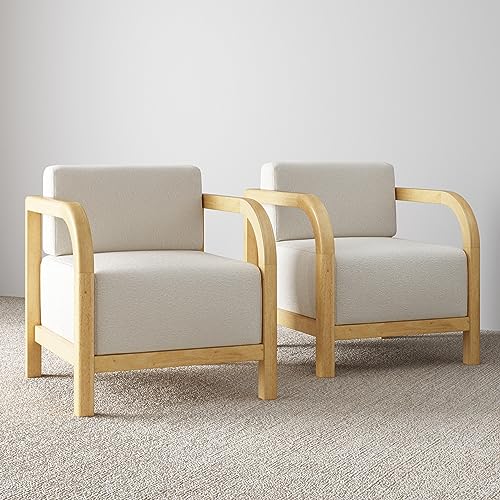 Nathan James Jayden Modern Upholstered Chair, Set of 2, Natural Brown Wood/Cream Linen Boucle