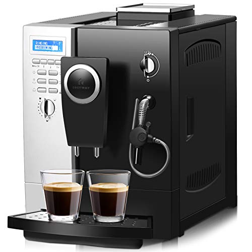 COSTWAY Super Automatic Espresso Machine, All-In-One Programmable Cappuccino, Latte and Coffee Machine with 19 Bar Espresso Pump, Easy Operate Panel and 2L Removable Water Tank, Compact Coffee Maker with Milk Frother for Office, Home, 1200W