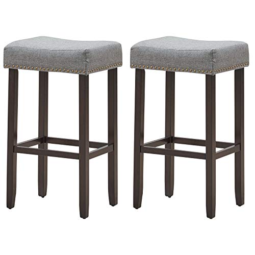 COSTWAY Counter Height Bar Stools Set of 2, 29-inch Height Backless Saddle Stools with Brass Nailhead Trim, Thick Cushion, Solid Wood Legs, Modern Bar Stools for Kitchen Island Bistro, Grey