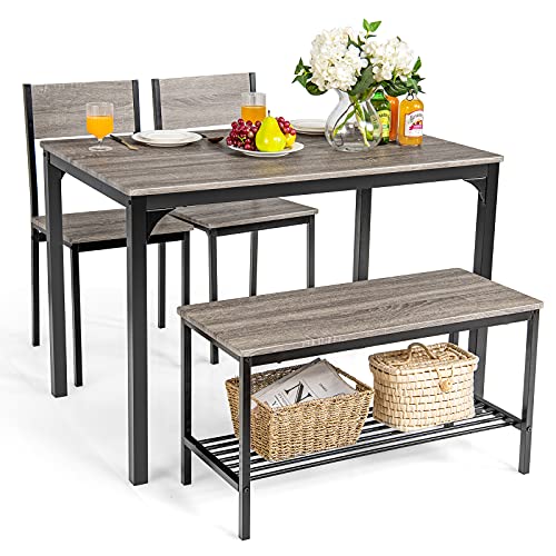 COSTWAY 4-Piece Dining Table Set for 4,Kitchen Table with 1 Bench and 2 Chairs,Table and Chairs Dining Set with Storage Rack,Grey