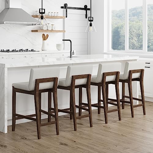 Nathan James Gracie Modern Counter Height Bar Stool with Back, Counter Stool Upholstered Chair with Natural Textured Linen and Brushed Wooden Legs, White/Dark Brown, Set of 4