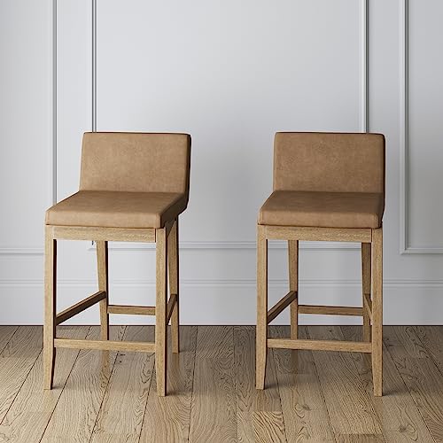 Nathan James Gracie Modern Counter Height Bar Stool with Back, Counter Stool Upholstered Chair with PU Leather and Brushed Wooden Legs, Light Brown, Set of 2