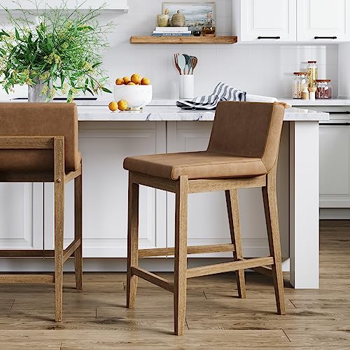 Nathan James Gracie Modern Counter Height Bar Stool with Back, Counter Stool Upholstered Chair with PU Leather and Brushed Wooden Legs, Light Brown