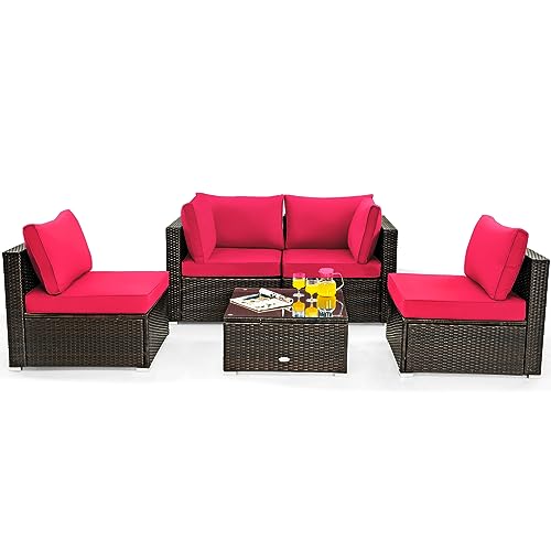 COSTWAY 5PCS Patio Rattan Furniture Set Cushioned Sofa Chair Coffee Table Red