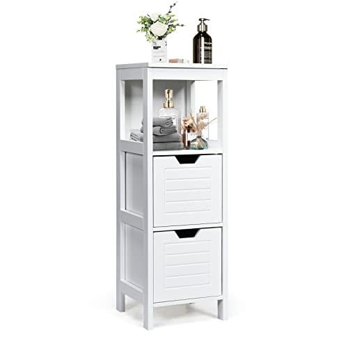 COSTWAY Bathroom Storage Cabinet, Freestanding Wooden Side Storage Cabinet with 2 Adjustable Drawers, Space-Saving Floor Cabinet for Living Room Bathroom Bedroom Entryway (White)