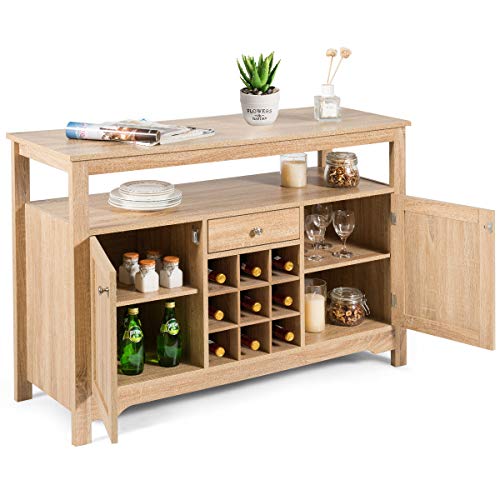 COSTWAY Buffet Cabinet with Storage, Kitchen Storage Sideboard with 9 Wine Racks, 2 Cabinets, 1 Drawer, Open Shelf, Tabletop, Cupboard Table, Server Console Table for Entryway, Dinning Room (Natural)