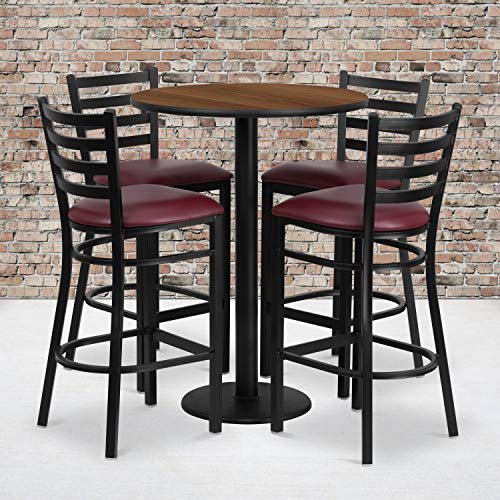 Flash Furniture Jamie 30'' Round Walnut Laminate Table Set with Round Base and 4 Ladder Back Metal Barstools - Burgundy Vinyl Seat