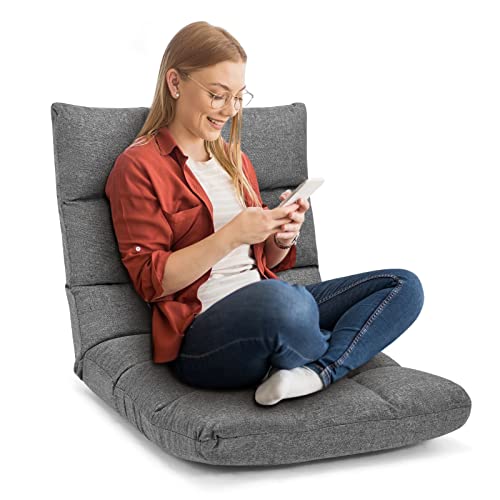 COSTWAY Floor Chair, Folding Gaming Chair with Back Support, 14 Adjustable Positions, Alloy Steel Frame, Lazy Sofa Lounge for Playing Reading Meditating Room Recliner for Adults, Kids (Gray)