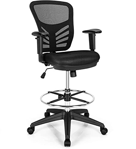 COSTWAY Ergonomic Drafting Chair, Mesh Back Tall Computer Office Chair w/Adjustable Footrest, Flip up Armrests, Height Adjustable Standing Desk Chair for Home Office, Black