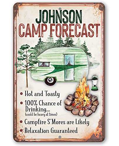 Camping Sign - Personalized - Camp Forecast - Metal Sign - Use Indoor/Outdoor - Great Funny Camping Signs for Campers, Trailer, RV Decor, and Camping Gifts