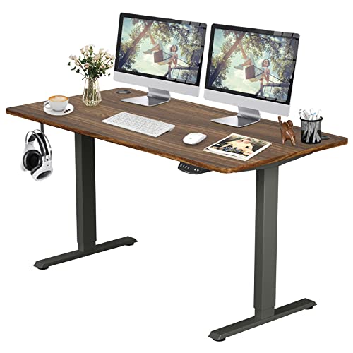 COSTWAY Dual Motor Electric Stand Up Desk, Height Adjustable Standing Desk w/Solid One-Piece Desktop & Memory Controller, Home Office Sit-to-Stand Computer Workstation (Walnut+Black, 55''X28'')