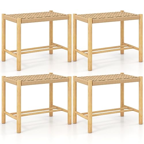 COSTWAY Patio Wooden Dining Stools Set of 4, 22-inch Wide Rustic Backless Saddle Stools with Rubber Wood Frame and Woven Paper Seat, 18-inch Height Outdoor/Indoor Counter Stools for Backyard Kitchen