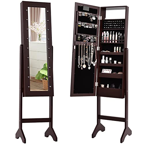 COSTWAY Jewelry Armoire with 18 LED Lights, Standing Jewelry Organizer Cabinet with Full-length Mirror & Built-In Mirror, Large Storage Capacity Jewelry Cabinet for Bedroom, Dressing Room (Brown)