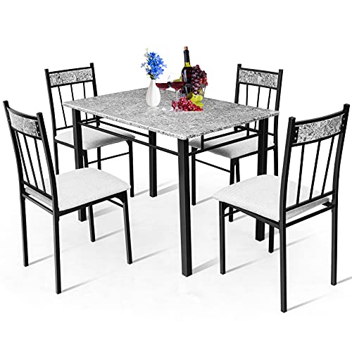 COSTWAY 5-Piece Kitchen Dining Set, Marble Dining Table Set with Sponge Cushion and Metal Structure, Modern Kitchen Table Set for Apartment, Restaurant and Cafe, Grey and Black