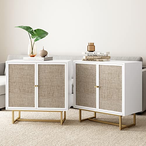 Nathan James Sideboard Buffet Modern Storage, Free Standing Accent Cabinet for Hallway, Entryway or Living Room, Set of 2, White/Cane/Brass