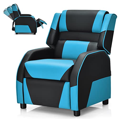 COSTWAY Kids Recliner Sofa, Toddler Leather Recliner with Adjustable Footrest & Headrest, Gaming Reclining Chair for Boys Girls Aged 3 Years Up, Kid-Sized Lounge Chair for Living Room (Blue)