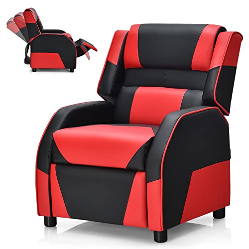 COSTWAY Kids Recliner Sofa, Toddler Leather Recliner with Adjustable Footrest & Headrest, Gaming Reclining Chair for Boys Girls Aged 3 Years Up, Kid-Sized Lounge Chair for Living Room (Red)