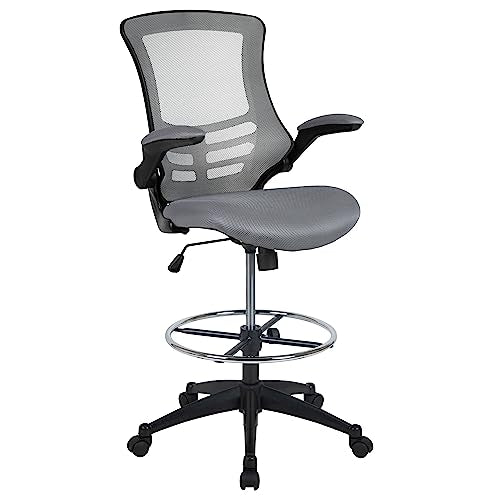 Flash Furniture Kelista Mid-Back Dark Gray Mesh Ergonomic Drafting Chair | Adjustable Foot Ring, Flip-Up Arms | Comfort and Productivity