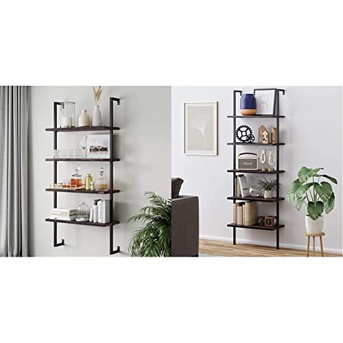 Nathan James Theo 4-Shelf Bookcase, Floating Wall Mount Shelves, Nutmeg/Black & Theo 5-Shelf Wood Modern Bookcase, Open Wall Mount Ladder Bookshelf with Industrial Metal Frame, Brown Walnut/Black