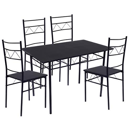 COSTWAY 5 PCS, Room Breakfast Furniture Rectangular Table with 4 Chairs, Wood Metal Dining Set,Black (Style 3)