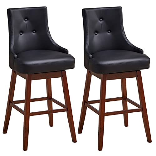 COSTWAY Bar Stools Set of 2, 29Ó Upholstered Swivel Bar Stools with Button Tufted Backrest, Cushioned Seat, Footrest, Solid Rubber Wood Legs, Seat Height Armless Bar Chair for Kitchen Island, Bar (2)