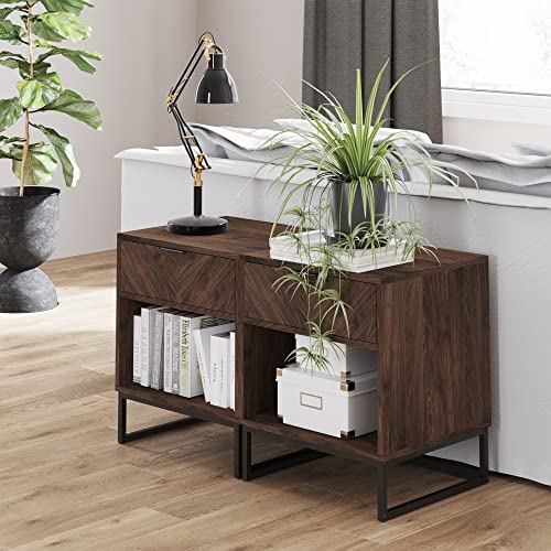 Nathan James Kensi Nightstand Side Accent or End Table with Storage, Walnut/Black - Set of 2