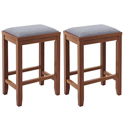 COSTWAY Upholstered Saddle Stools Set of 2, 25-inch Height Vintage Counter Height Chairs with Solid Wood Legs, Modern Backless Design Indoor Bar Stools for Kitchen, Dining, Pub and Bistro, Walnut