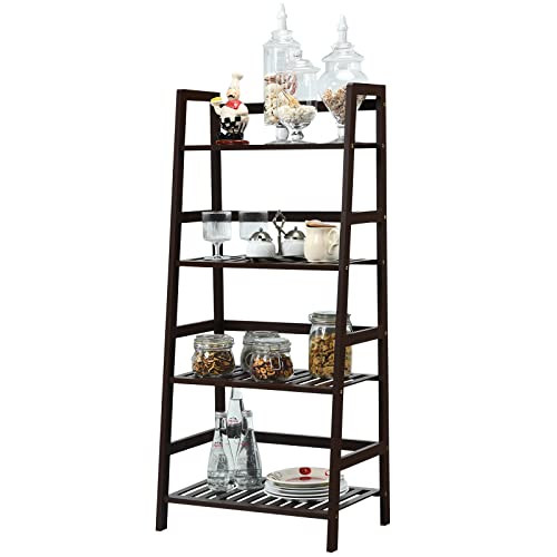 COSTWAY 4-Tier Ladder Shelf, Bamboo Plant Stand Rack, Freestanding Bookshelf, Multifunctional Storage Shelves, Flower Stand Rack Holder for Garden, Balcony, Living Room, Bedroom (Coffee)