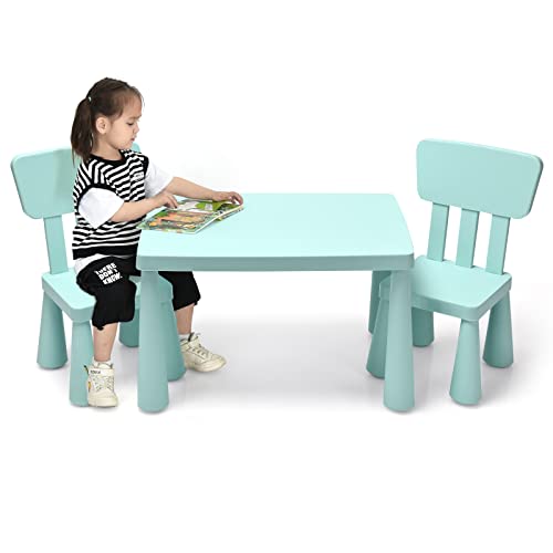 COSTWAY 3-Piece Kids Table and Chairs Set, Lightweight Plastic Children Activity Center for Reading, Writing, Painting, Snack Time, Kids Furniture Art Study Desk & Chairs Set for Ages 1-7 (Green)